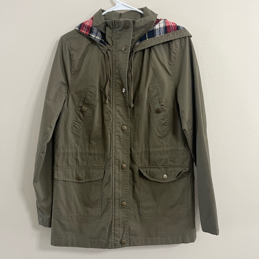 Love Tree Olive Green Hooded Jacket with Plaid Lining